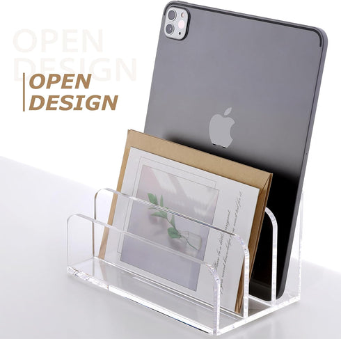 SANRUI Acrylic File Mail Desktop Organizer Sorters,3 Compartments Laddered Clear Desk Letter Organizer Office Document Sorter,Multifunction Envelo...