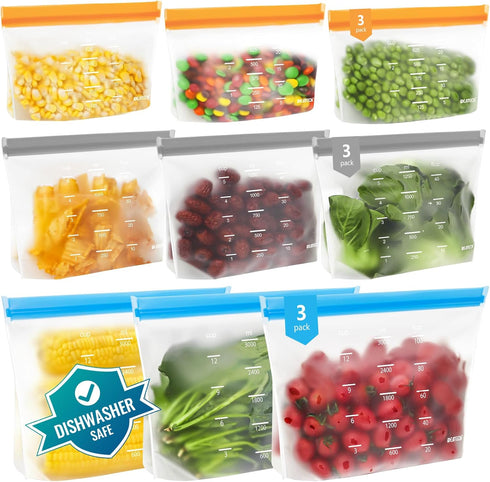 Dishwasher Safe Reusable Storage Bags Stand Up - BPA Free PEVE Reusable Sandwich Bags - Leakproof Gallon Freezer Bags, Silicone Food Storage Bags ...
