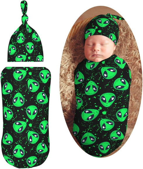 Green Alien Head Newborn Swaddle Blankets Hat Sets Soft Baby Receiving Blanket Swaddle Sack for Baby Shower Infant Boy Girl Gift...