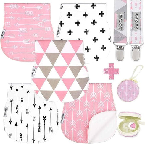 Dodo Babies 5-Pack Baby Burp Cloths - Soft, Absorbent Cotton Burp Cloths - includes Pacifier Case and 2 Pacifier Clips - Colors: Pink and White...