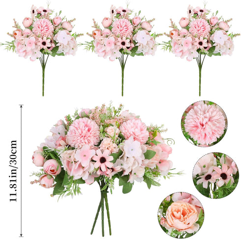 Nubry 3pcs Artificial Flowers Bouquet Fake Peony Silk Hydrangea Wildflowers Arrangements with Stems for Wedding Home Centerpieces Decor (Light Pin...
