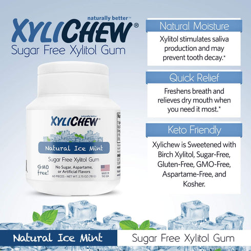 Xylichew 100% Xylitol Chewing Gum - Non GMO, Non Aspartame, Gluten Free, and Sugar Free Gum - Natural Oral Care, Relieves Bad Breath and Dry Mouth...