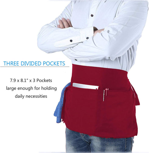 BOHARERS Waist Apron with 3 Pockets - Red Waitress Waiter Server Short Apron...