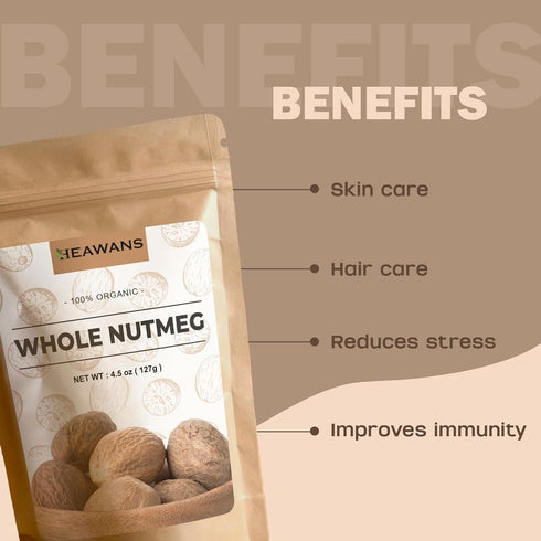Heawans Organic Whole Nutmeg 4.5 oz, Premium Grade, Packed in a stand up resealable pouch....