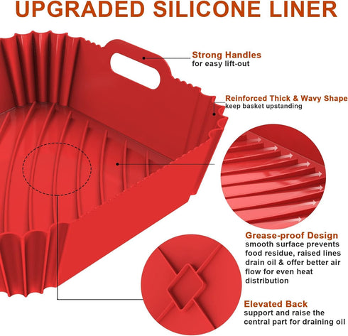 Large Silicone Air Fryer Liners Square 5-9 QT, 9.6 Inch Reusable Airfryer Liners Air Fryer Silicone Liners Pot Oven Liner Baking Tray, Air Fryer B...
