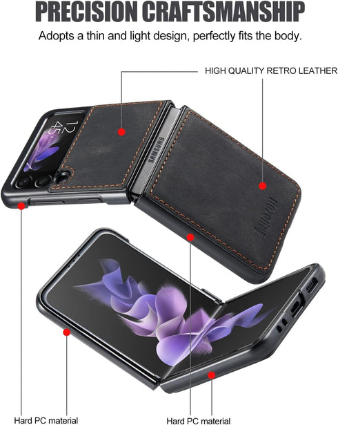 Samsung Galaxy Z Flip 3 5G Case,Galaxy Z Flip 3 Leather Phone Case with Hard Shockproof Back Cover Slim Durable, for Galaxy Z Flip 3 5G 2021 (Blac...