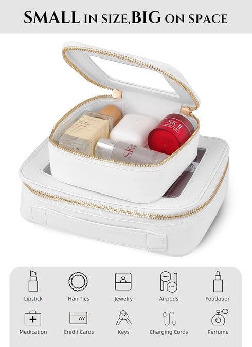 Mini Clear Makeup Bag - White Leather Makeup Pouch for Travel & School, Small Toiletry Bag for Purse & Backpack, Waterproof Square Organizer with ...