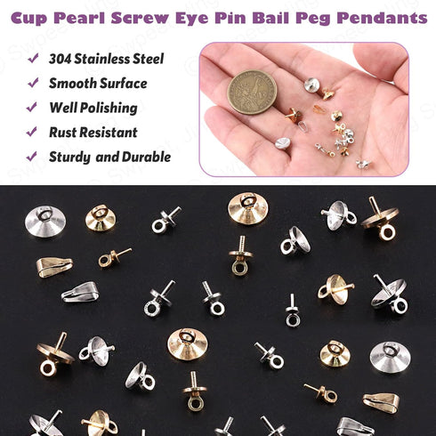 Swpeet 680Pcs Gold and Sliver 3mm 4mm 5mm 6mm 8mm Cup Pearl Screw Eye Pin Bail Peg Pendants with 7mm Pendant Charm Clasps Connector Kit, Perfect f...