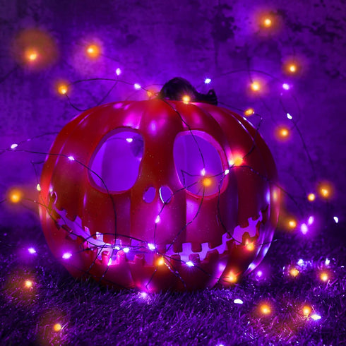 Lomotech 2 Pack Solar Lights, 33ft 100LED Orange Purple Twinkle Fairy Lights Waterproof 8 Modes Outdoor for Halloween Party DIY Decoration Black W...