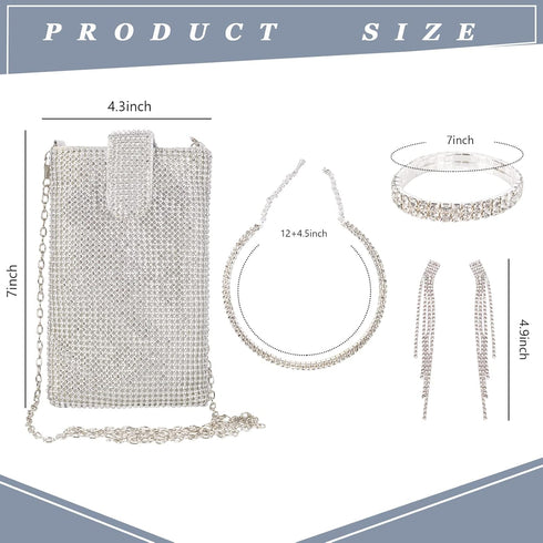 QZUnique Rhinestone/Sequin Bucket Bag with Jewelry Set Women Silver Bling Evening Handbag Glitter Diamond Cell Phone Purse...