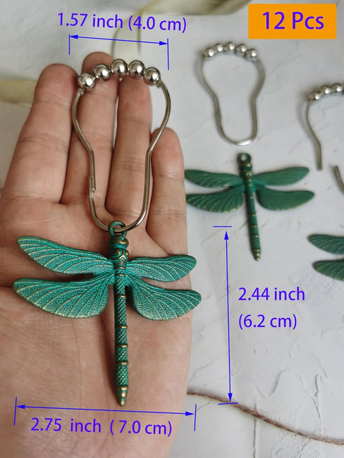 Antique Green Dragonfly Shower Curtain Hooks - Decorative Shower Hooks for Shower Curtain Rust Proof Shower Curtain Rings, Natural Forest Garden F...