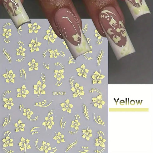 Flower Nail Stickers for Nail Art, 4Pcs Hibiscus Nail Decals White Pink Yellow Flowers Nail Design Stickers 3D Self-Adhesive Nail Art Supplies Sum...