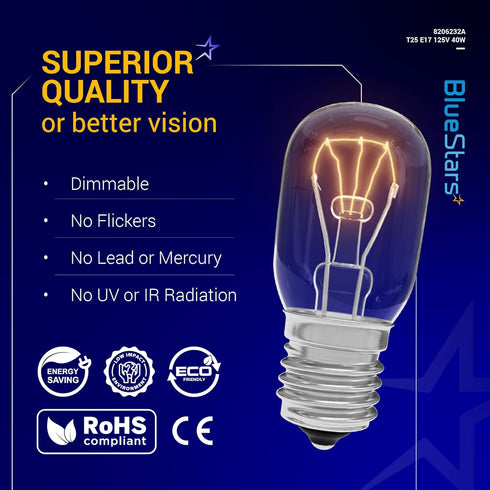 BlueStars 8206232A Microwave Oven Light Bulb 40W 125V E17 Base, Compatible with Whirlpool Under Hood Microwave Bulb, Lava Lamp, Salt Lamp Bulbs, R...
