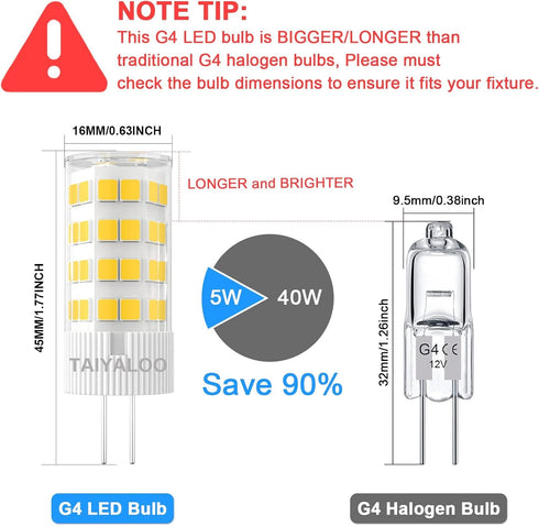 TAIYALOO G4 LED Bulbs 5W T3 40W Halogen Replacement 12V AC/DC JC Bi-Pin Base for Outdoor Landscape Lighting Deck Stair Step Path Lights, Warm Whit...