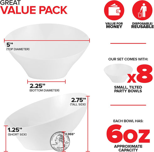 6oz White Plastic Serving Bowls (8 Pack) Small Disposable Snack Bowl Candy Dishes, Buffet Containers for Chips, Popcorn, Snacks, Mints, Salad Bar,...