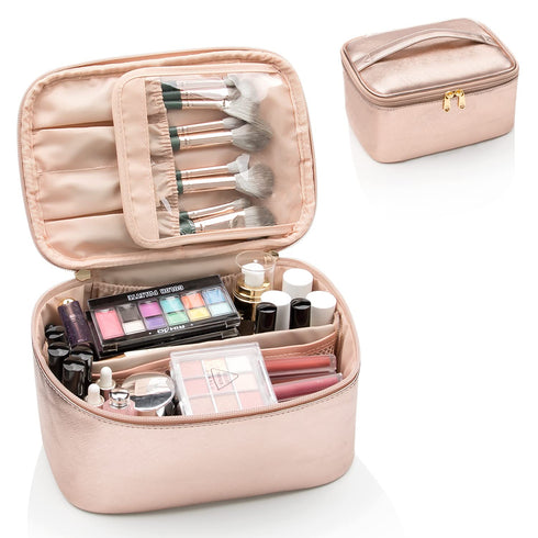 OCHEAL Rose Gold Makeup Bag,Travel Makeup Organizer Bag, Large Capacity Cosmetic Bags For Women Large Travel Toiletry Bag Girls Traveling With Bru...