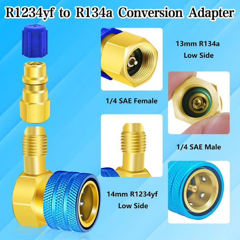 R1234yf to R134a Aadapter, 90 Degrees R134a to R1234yf Adapters, High/Low Pressure Side R1234yf Quick Couplers kit, R1234yf to R134a Conversion Ad...