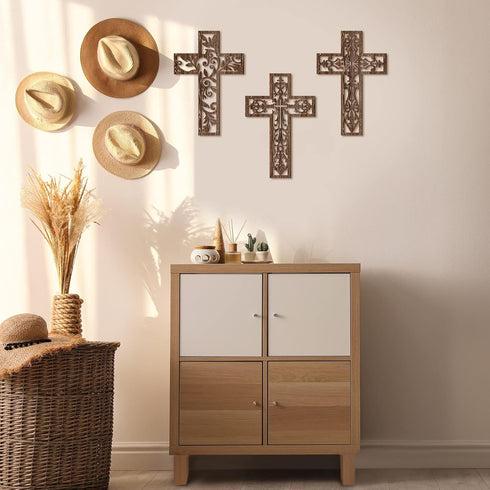 Yookeer 3 Pcs Wooden Cross Wall Decor Cross Hanging Handmade Antique Religious Brown Wooden Home Decorations Hand Carved Wall Decor for Living Roo...