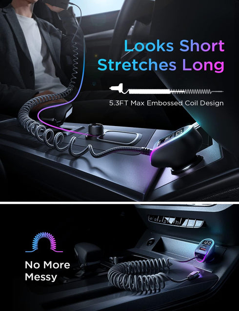 LISEN USB C 96W Super Fast Car Charger PD& QC3.0 with 5.3ft 36W Type C Coiled Cable,Car Phone Charger Adapter for iPhone 15 Pro Max Plus, Samsung ...