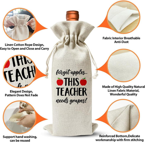 Teacher Wine Bag, Gift for Teachers Coworkers Colleagues, Teacher Appreciation Gifts, Burlap Wine Bottle Bags, Graduation Party, Reusable Drawstri...