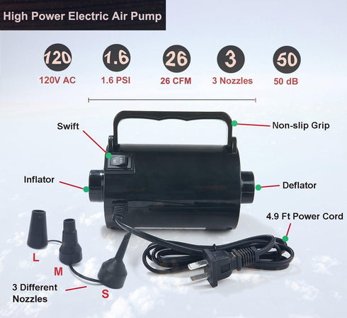 Electric Air Pump for Inflatable Pool Toys - High Power Quick-Fill Air Mattress Inflator Deflator Pump for Pool Float Raft Airbed with 3 Nozzles, ...