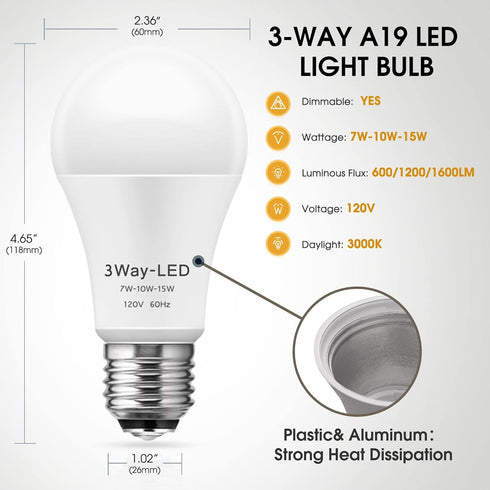 Briignite LED Light Bulbs, 3 Way Light Bulbs 50 100 150W Equivalent, 3 Way Light Bulbs, Three Way A19 Light Bulbs E26 Medium Base, Warm White 3000...