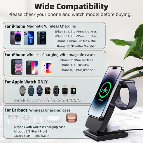 3 in 1 Magnetic Portable Wireless Charging Station for iPhone 15 Pro Max/14/13/12, Mag-Safe Charger Stand with 5000mAh Wireless Charger, Magnetic ...