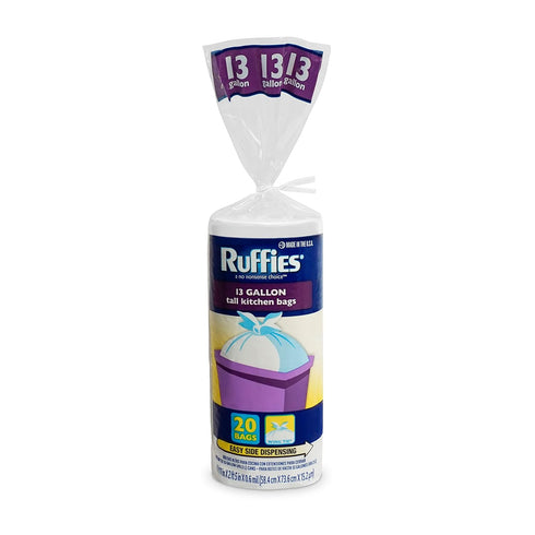 Ruffies Tall Kitchen Bags - 13 Gallon, 20 Bags, .6 Mil, Wing Tie, Unscented, White Color, Pack of 1...
