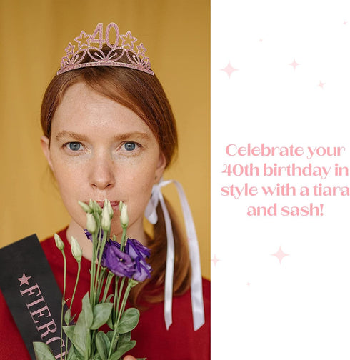 MEANT2TOBE 40 and Fabulous Sash and Tiara Set for Women Forty and Fierce Glitter Sash and Rhinestone Crown - Elegant Accessories for 40th Birthday...