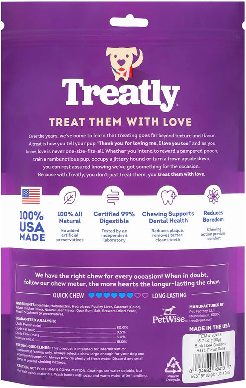 USA Beefhide Rolls 6-7" Dog Chew Treats - Chicken & Beef Flavor, 5 Count/1 Pack...