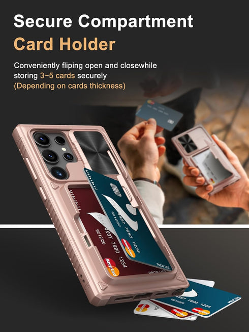 Vihibii for Samsung Galaxy S24 Ultra Case with Slide Camera Protection Cover, Built-in Card Holder (4 Cards) & Kickstand, Shockproof Rugged Wallet...
