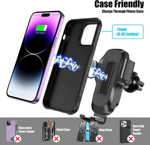 Wireless Car Charger, AMLINK 15W Qi Fast Charging Auto Clamping Car Charger Cell Phone Holder Mount Air Vent for iPhone 14 13 12 11 Pro Max, Samsu...