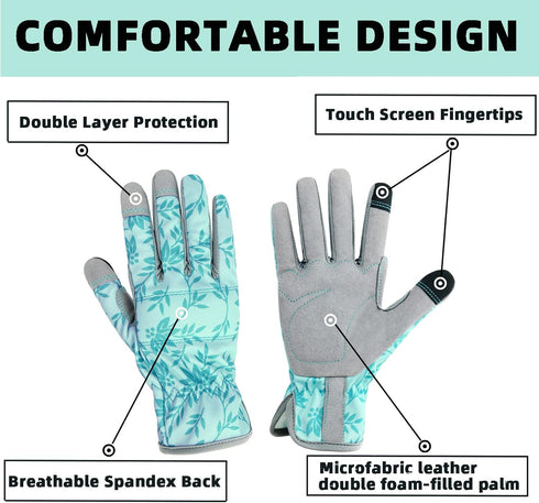 Leather Gardening Gloves for Women, Breathable Spandex & Thorn Proof Garden Gloves for Weeding Planting Digging, Flexible Touch Screen Grip - Medi...