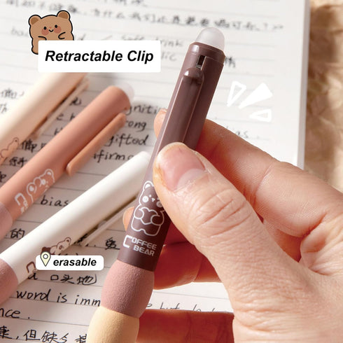 4 Pcs Erasable Gel Pens Cute Retractable Pens Cartoon Bear Pens 0.5mm Black Ink Pen Office School Pens Women Girls Boys Pens (Black Ink-Coffee Bea...