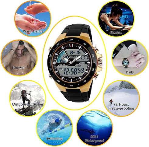 FANMIS Men's Analog Digital 50M Waterproof Sports Watch Military Multifunction Stopwatch Alarm Backlight Gold Watch...