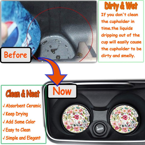 Car Coasters for Women 2 Pack Mother's Day, Auto Small 2.56" Auto Ceramic Coasters for Cup Holders, Absorb Spills to Keep Cupholders Clean, Easy R...