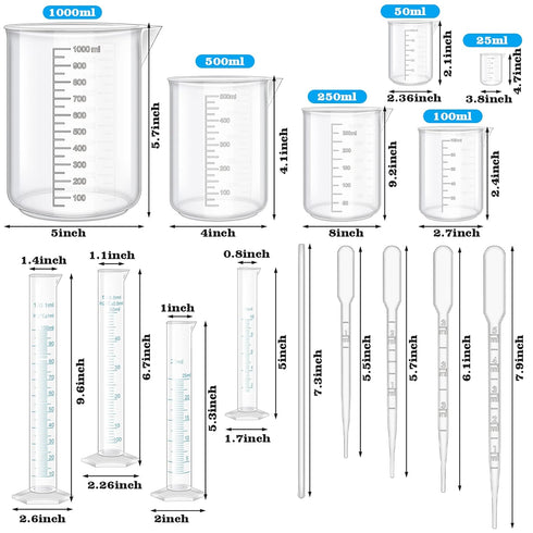 23Pcs Plastic Graduated Cylinders Beakers Set- 6 Clear Plastic Graduated Cylinders 25/50/100/250/500/1000ml, 4 Plastic Beakers 10/25/50/100ml with...