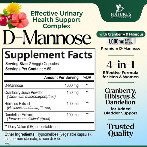 D-Mannose Supplement 1,350 mg with Cranberry & Hibiscus - Effective Fast-Acting, Flush the Impurities for Natural Bladder, Urinary Tract Health Su...