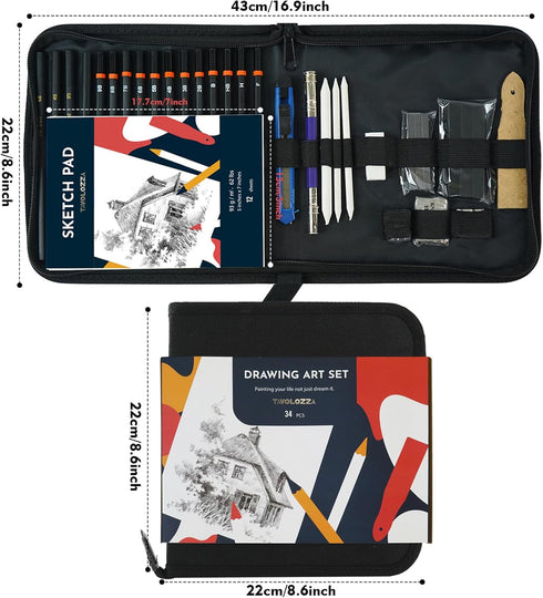 Tavolozza Drawing Art Pencils Set, 34 Pack Professional Drawing and Sketch Pencil Set in Soft-Sided Art Portfolio Storage Bags for Kids, Teens and...