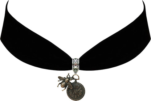 Victorian Vault Black Velvet Choker Steampunk Victorian Jewelry Bronze Bee Clock Pendant Necklace...