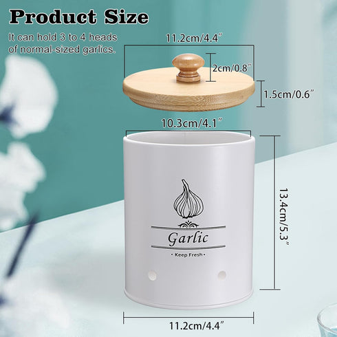 OwnMy White Garlic Keeper with Wooden Lid, Metal Garlic Storage Container for Counter, Large Garlic Keeper Garlic Saver Garlic Container for Kitch...