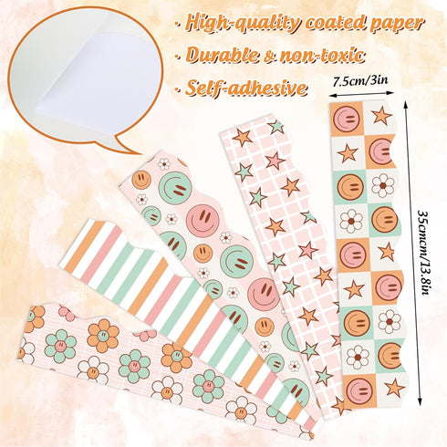 Whaline 69Ft Retro Groovy 70s Bulletin Board Borders Pastel Boho Flower Smile Face Checkered Star Self-Adhesive Trim Border for School Classroom O...