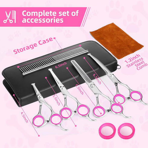 Dog Grooming Scissors Kit with Round Tip, Ecnocal Stainless Steel Titanium Coated Pet Grooming Trimmer Set, Thinning/Straight/Curved Shears, and C...