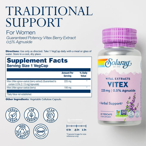 SOLARAY Vitex Berry Extract 225 mg - Chasteberry Supplement for Women - Traditional Hormone Balance Support - Chaste Tree Berry - Vegan, Lab Verif...