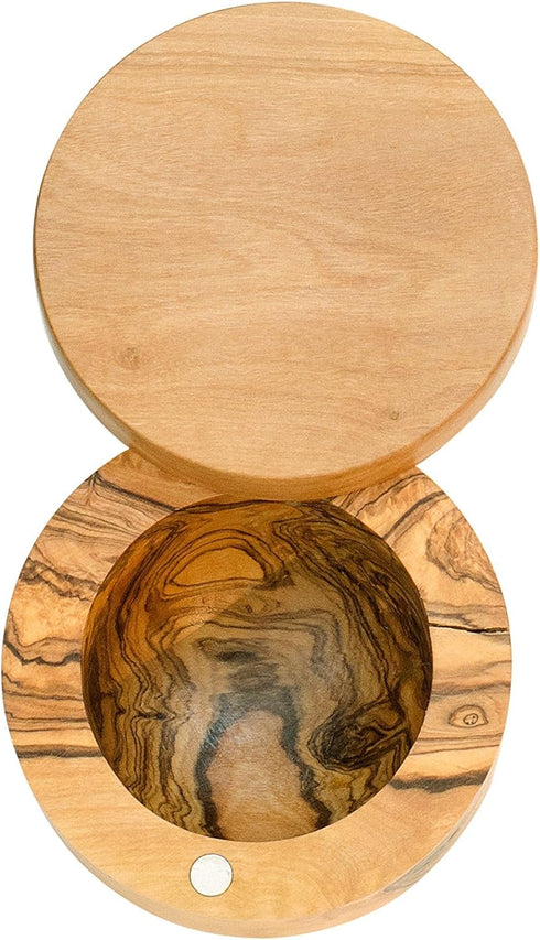 Berard Handcrafted Salt Keeper with Magnetic Lid, 4" Round, Olive Wood...