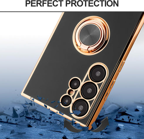 Shockproof Case for Samsung Galaxy S24 Ultra, with 360° Rotatable Ring Holder Magnetic Kickstand, Plating Rose Gold Edge Slim Soft Protective Cove...