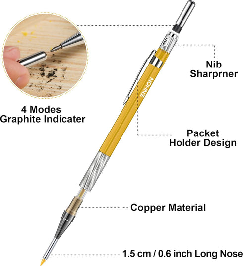 Enhon 2mm Mechanical Carpenter Pencil Set with 12 Marker Refills and Sharpener, Woodworking Marking Tool Solid Deep Hole Construction Pencil, Exte...