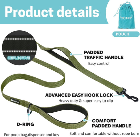 Dog Leash with 2 Comfortable Soft Padded Handles 4FT Green Reflective Heavy Duty Pet Dog Walking Leashes Durable Dog Training Lead & Traffic Handl...