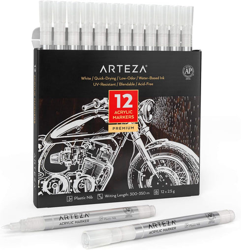 ARTEZA Acrylic Paint Markers, Set of 12 White Acrylic Paint Pen, Art Markers for Glass, Pottery, Ceramic, Plastic, Rocks, and Canvas...