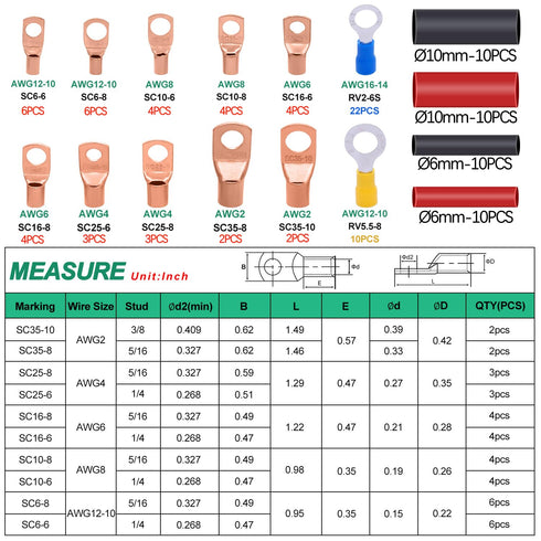 Twidec/110PCS Battery Cable Ends AWG 2 4 6 8 10 12 14 16 Gauge Copper Cable Wire Lugs,Ring Terminals Connectors,Copper Ring Terminals with Heat Sh...